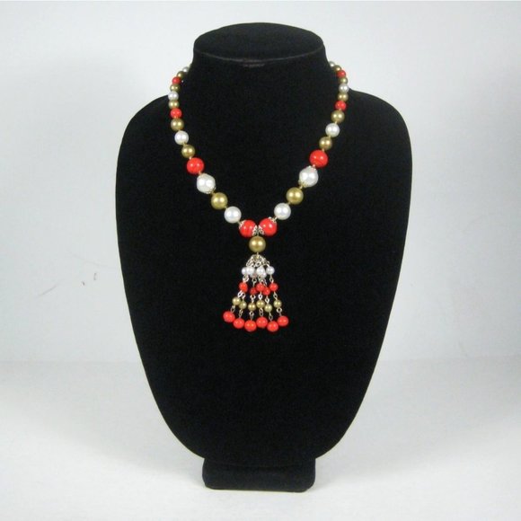 Imitation Pearl Beaded Necklace 18 inch Goldtone Strand Mid Century MOD Tassel - Picture 4 of 9